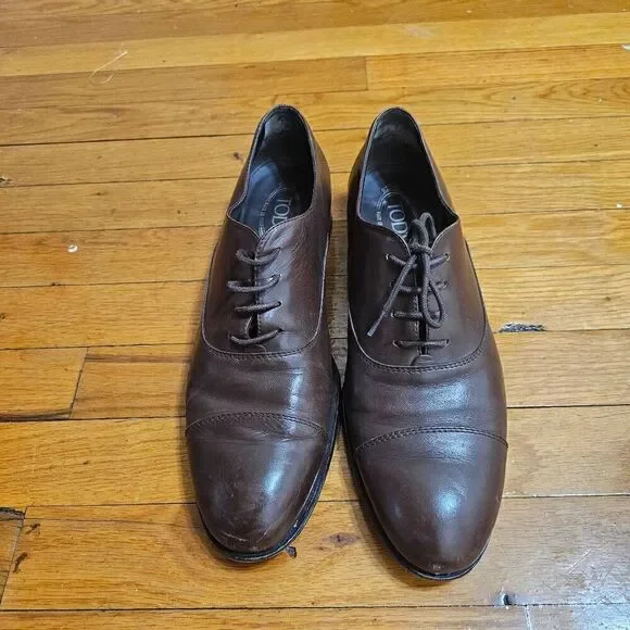 TOD'S Men's Brown Leather Lace Up Oxford Cap Toe Shoes Size 9
